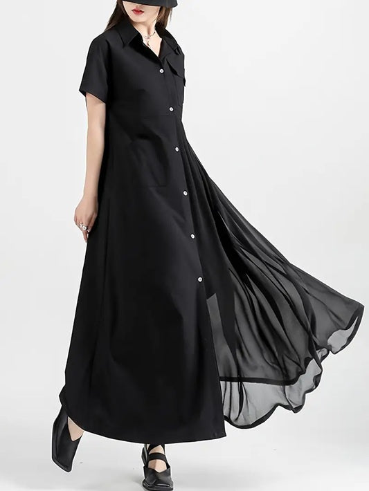 CM-DT451050 Women Elegant Seoul Style Collar Neckline Short Sleeve A-Line Midi Dress - Black