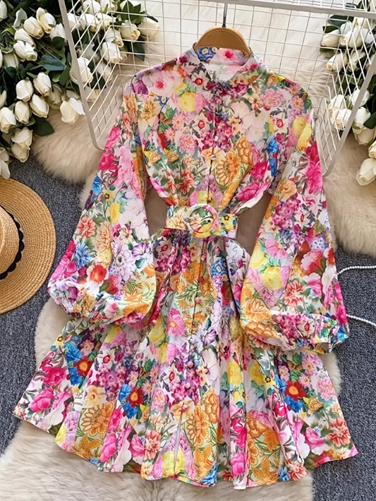 CM-DT765286 Women Elegant Seoul Style Stand Collar Lantern Sleeve Floral Print A-Line Dress
