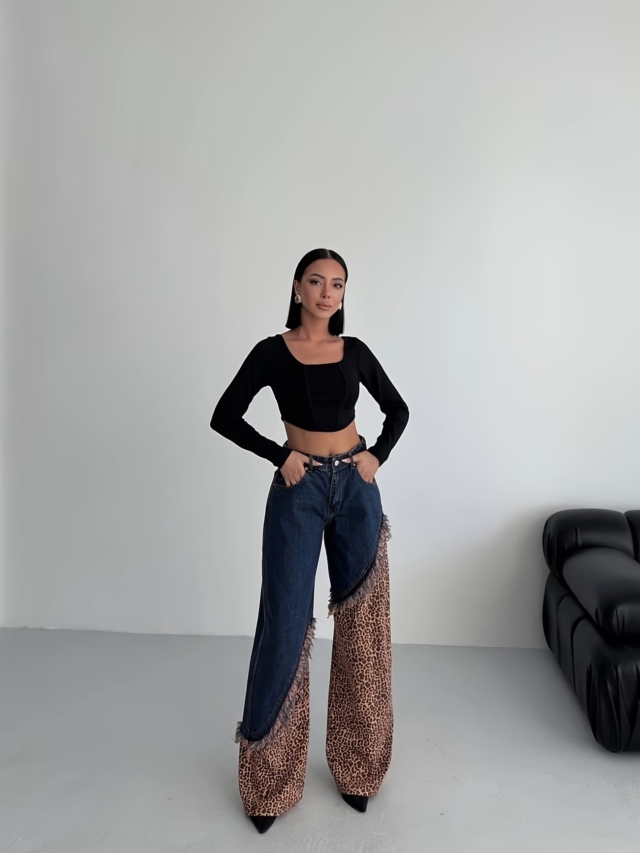 CM-BT012635 Women Casual Seoul Style Asymmetrical Frayed Leopard Patchwork Wide-Leg Denim Long Pants