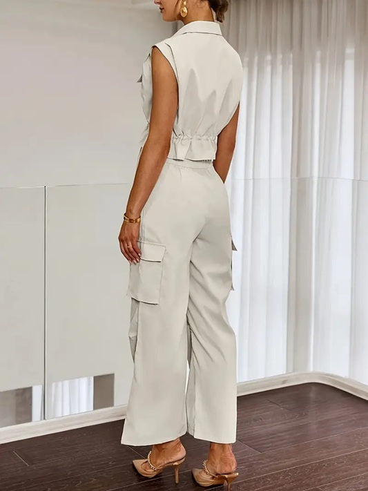 CM-ST491171 Women Elegant Seoul Style 3D Pocket Drawstring Waist Sleeveless Top With Pants - Set