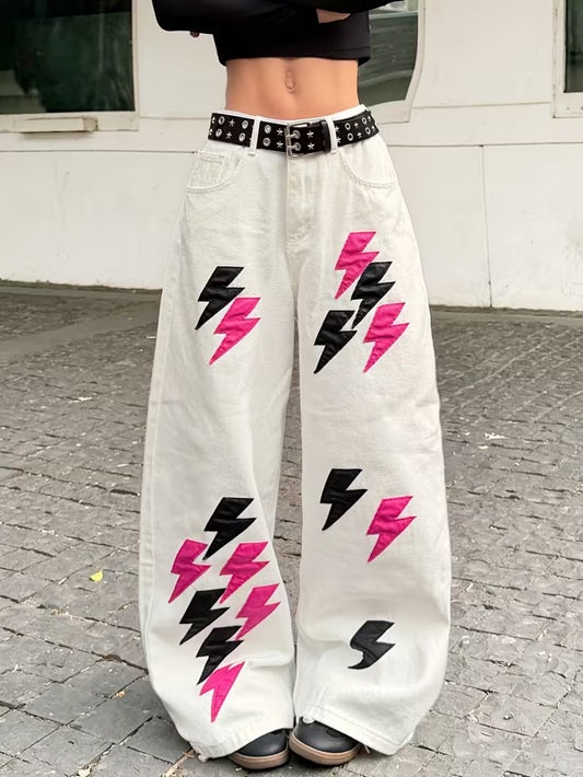 CM-BT121466 Women Casual Seoul Style Lightning Applique Loose Wide-Leg Jeans - White