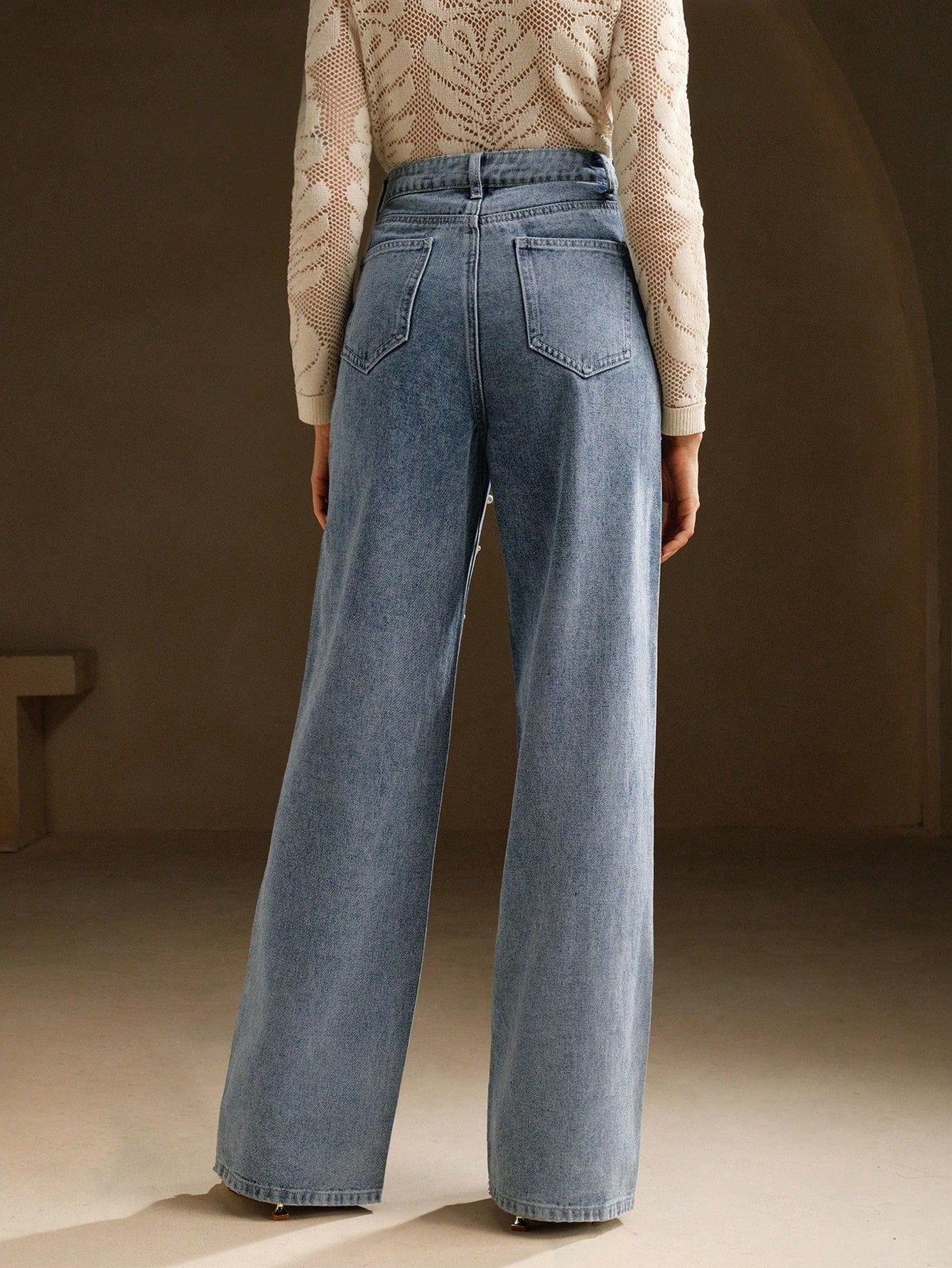 CM-BS767711 Women Elegant Seoul Style High Waist Beaded Loose Wide Leg Shiny Denim Pants - Blue