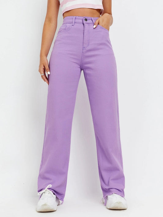 CM-BS421981 Women Casual Seoul Style High Waist Raw Hem Wide Leg Jeans - Purple
