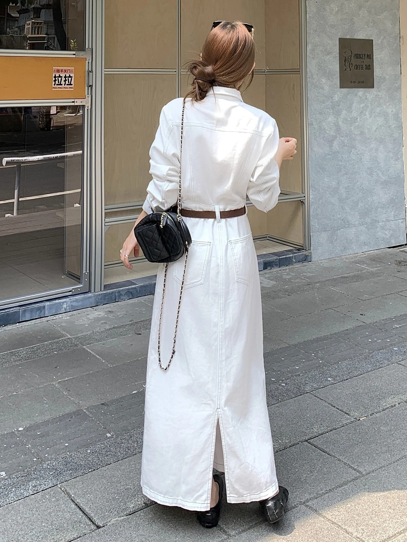 CM-DS982217 Women Casual Seoul Style Collar Neckline Long Sleeve Button Half-Placket Denim Dress - White