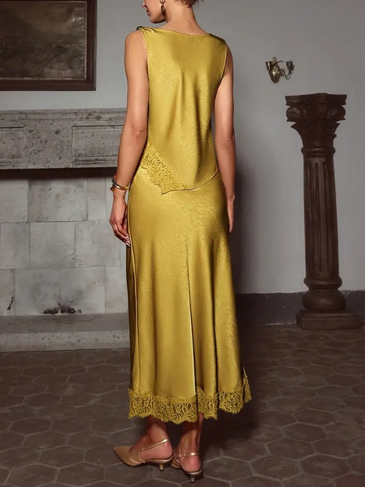 CM-ST461995 Women Elegant Seoul Style Solid Color Glossy Contrast Lace Splicing Vest With Long Skirt - Set