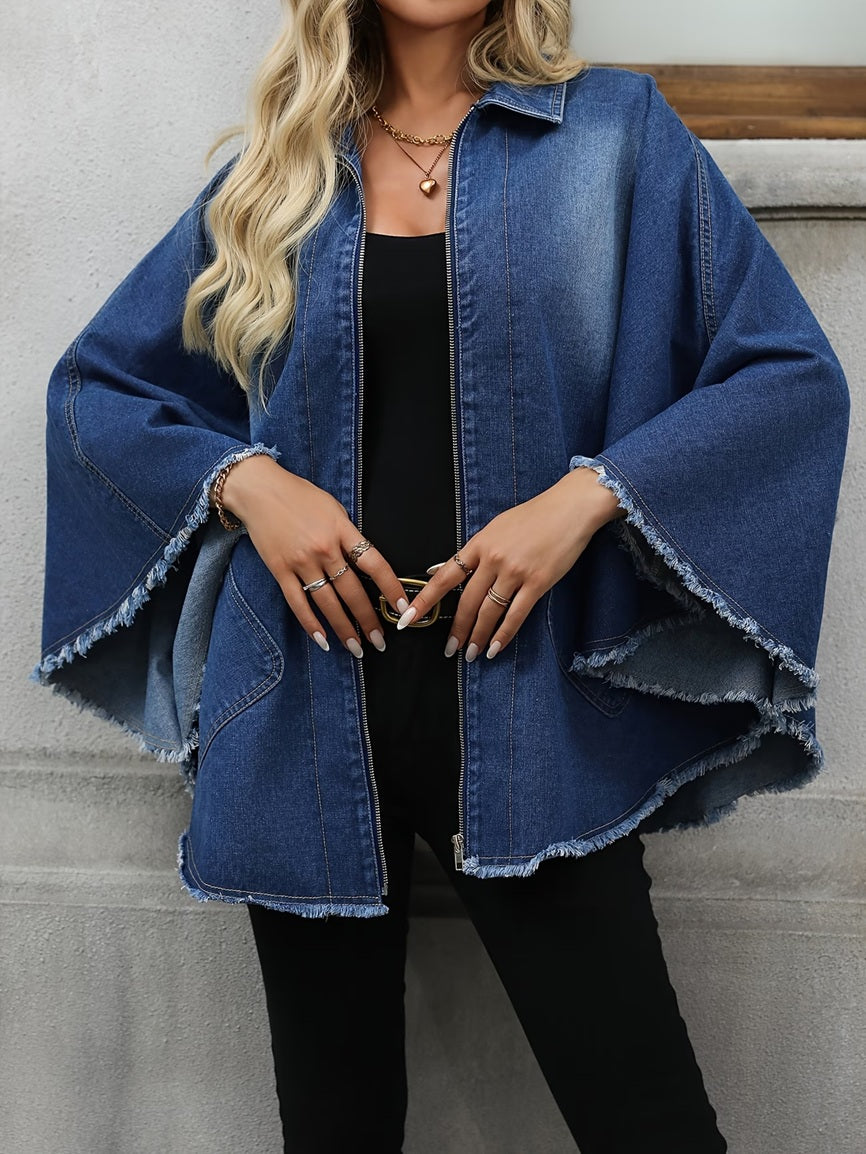 CM-CT158142 Women Casual Seoul Style Collar Neckline Cape Sleeve Loose Denim Jacket - Dark Blue