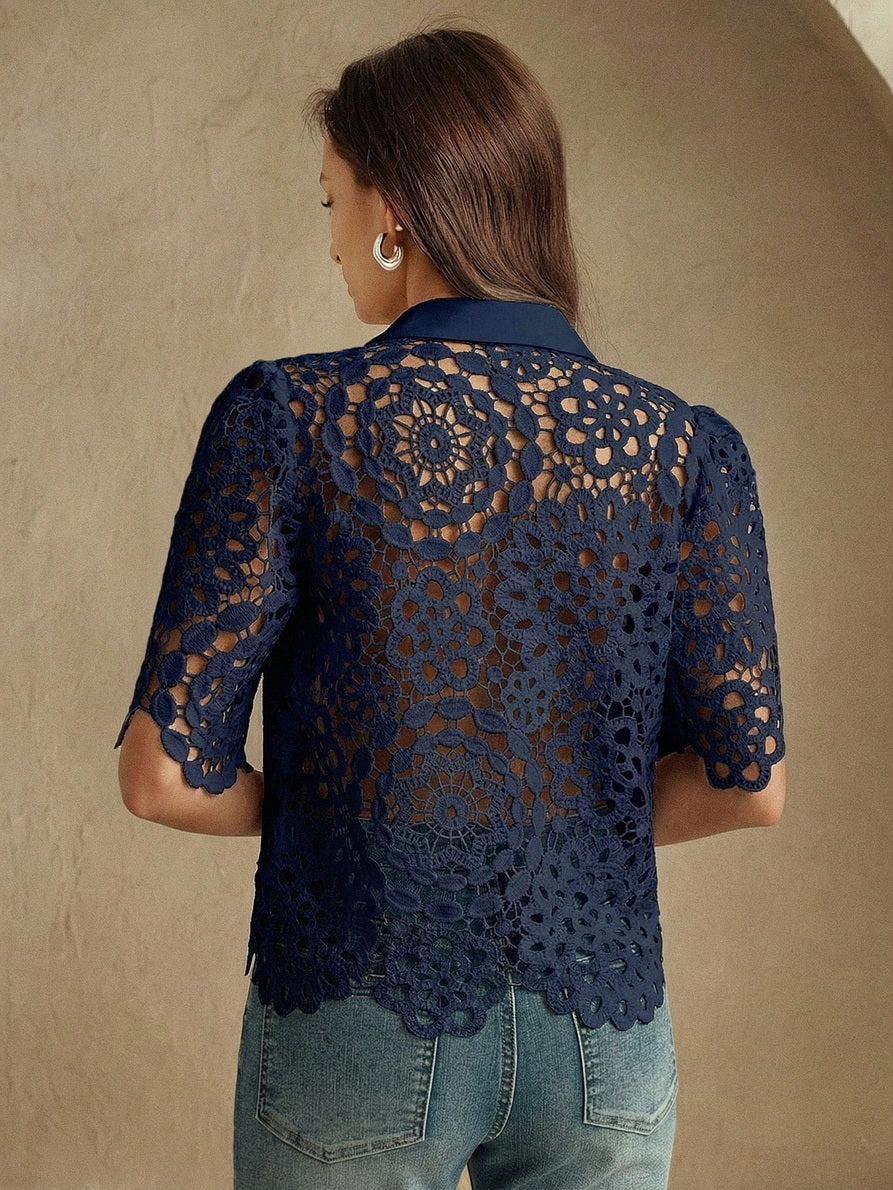 CM-TS672143 Women Casual Seoul Style Collar Neckline Half Sleeve Floral Hollow Out Lace Shirt Blouse - Navy Blue