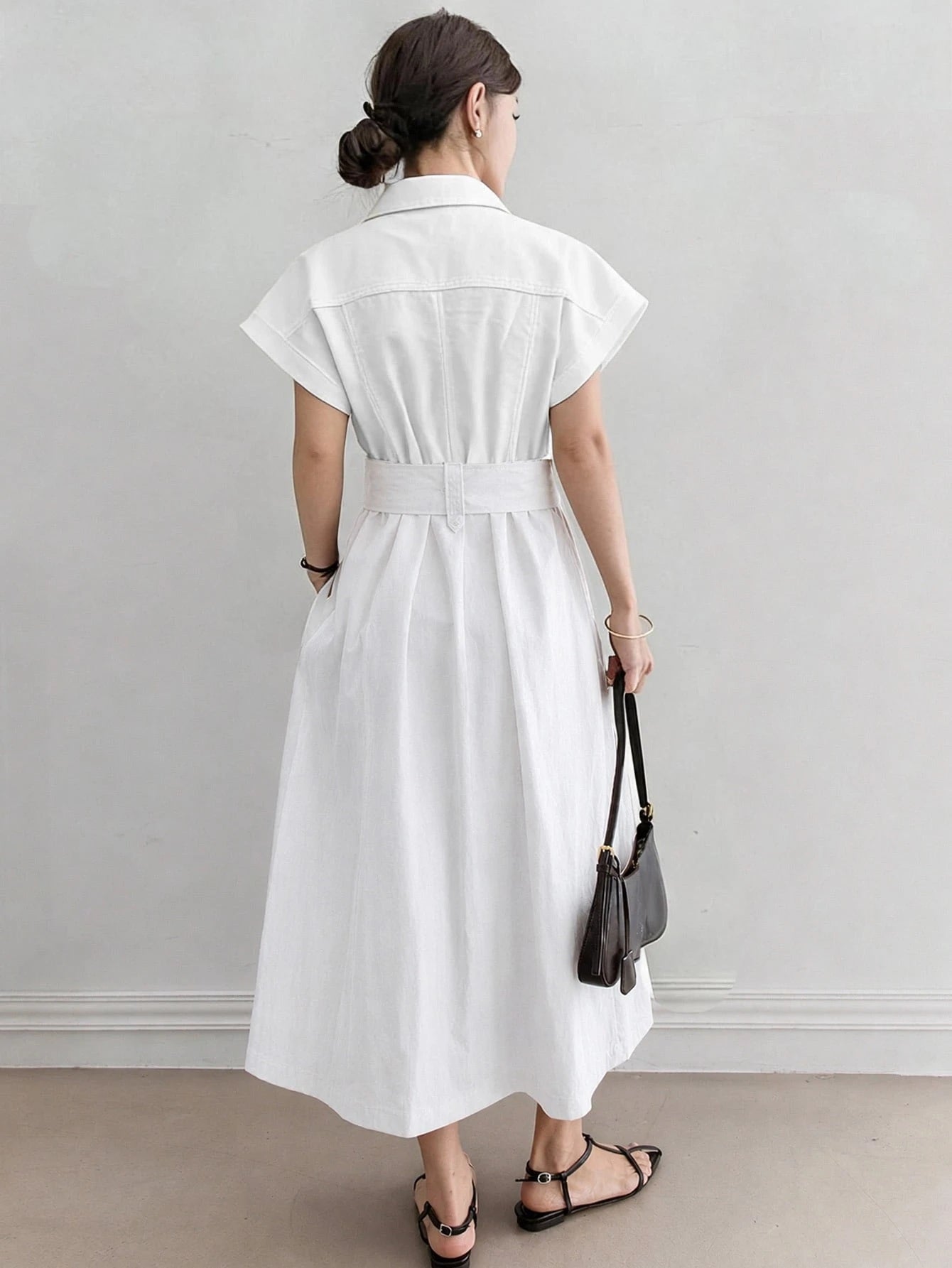 CM-DS429918 Women Casual Seoul Style Lapel Short Sleeve Button Tie Waist Solid Slim Fit Denim Dress - White