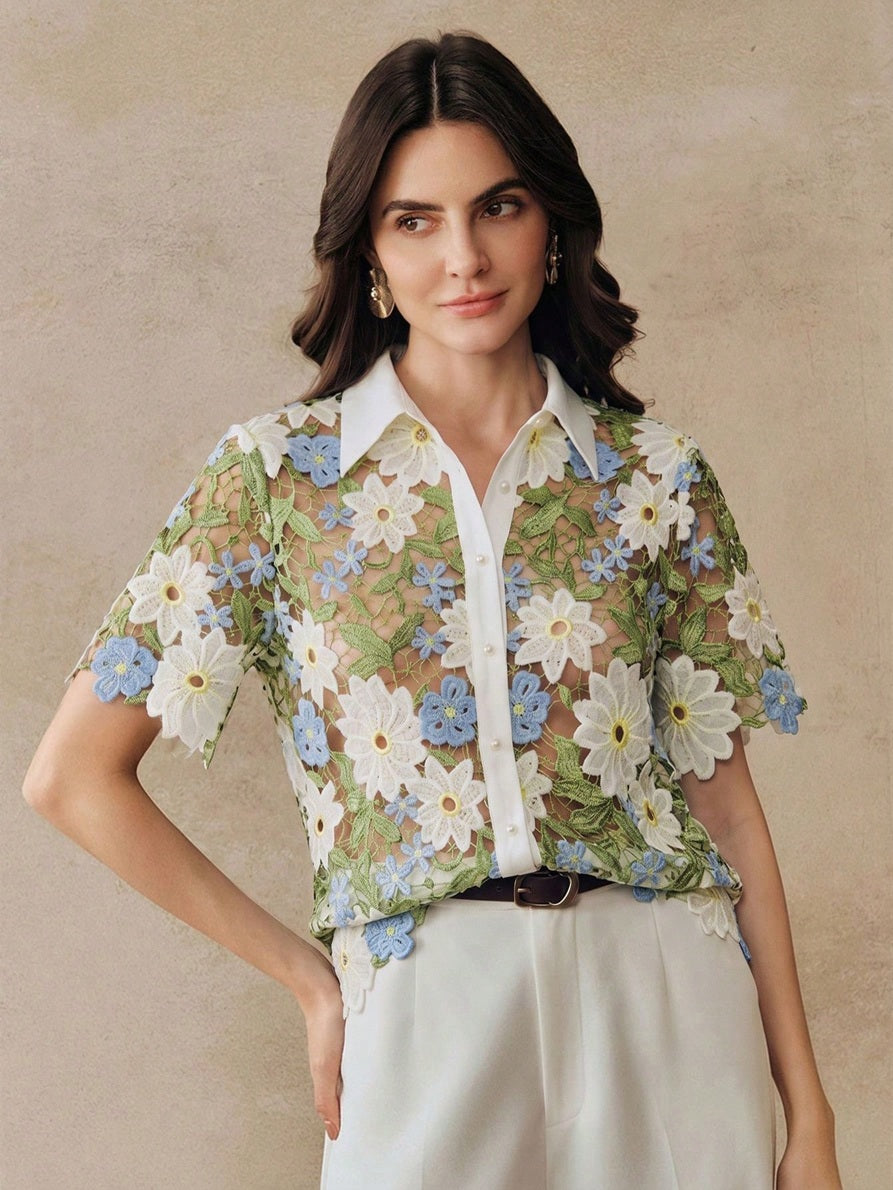CM-TS121784 Women Elegant Seoul Style Hollow Floral Shape Pattern Short Sleeve Half-Round White Pearl Button Shirt