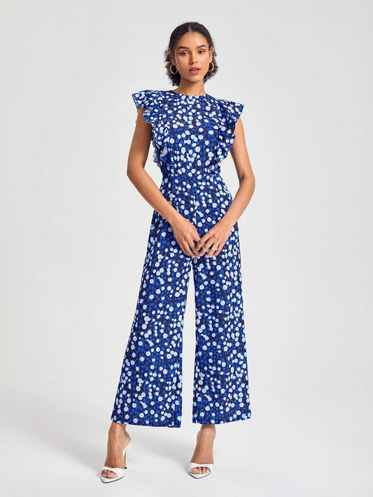 CM-JS040339 Women Casual Seoul Style Allover Print Ruffle Trim Wide Leg Jumpsuit