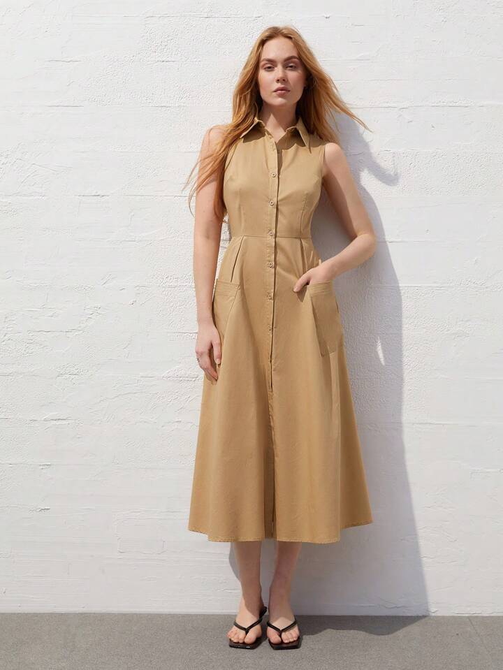 CM-DS774215 Women Casual Seoul Style Collar Neckline Sleeveless Shirt Dress - Khaki