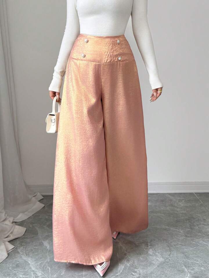 CM-BS665645 Women Elegant Seoul Style Ruffle Waist Loose Wide Leg Pants - Pink