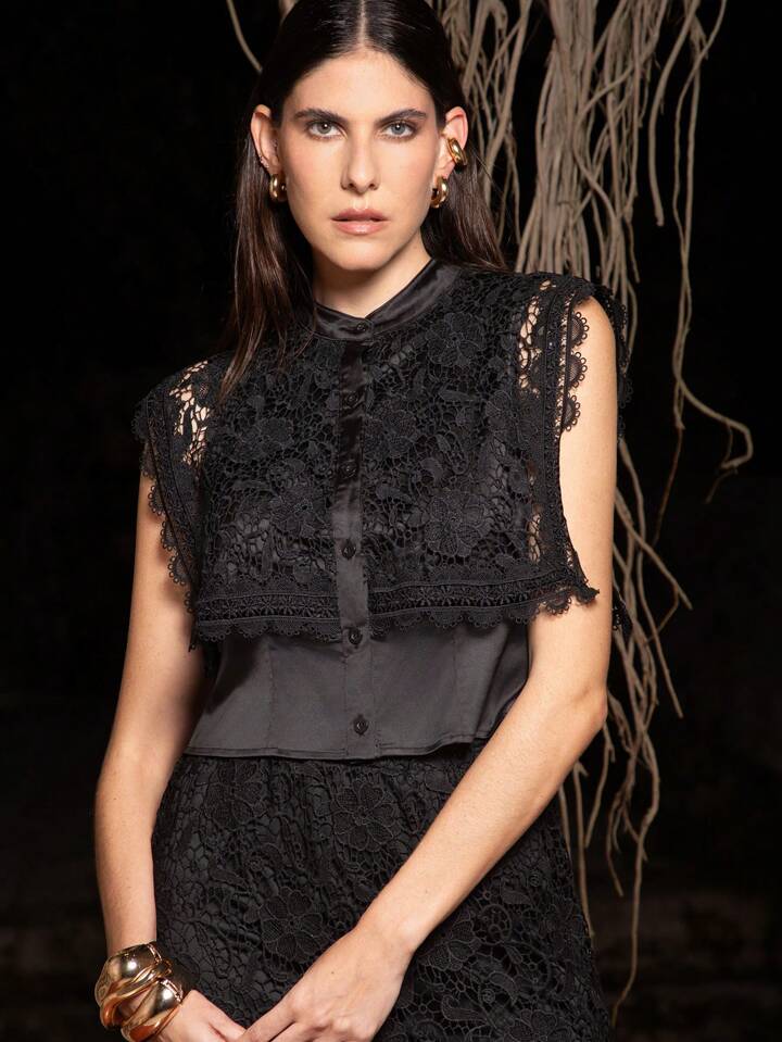 CM-TS147303 Women Elegant Seoul Style Stand Collar Barwing Sleeve Satin Lace Button Blouse - Black