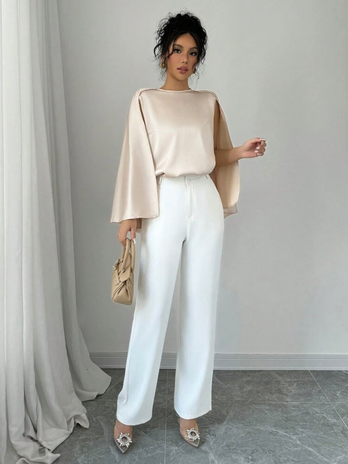 CM-TS517920 Women Casual Seoul Style Round Neck Elegant Cape Sleeve Long Sleeve Blouse - Apricot