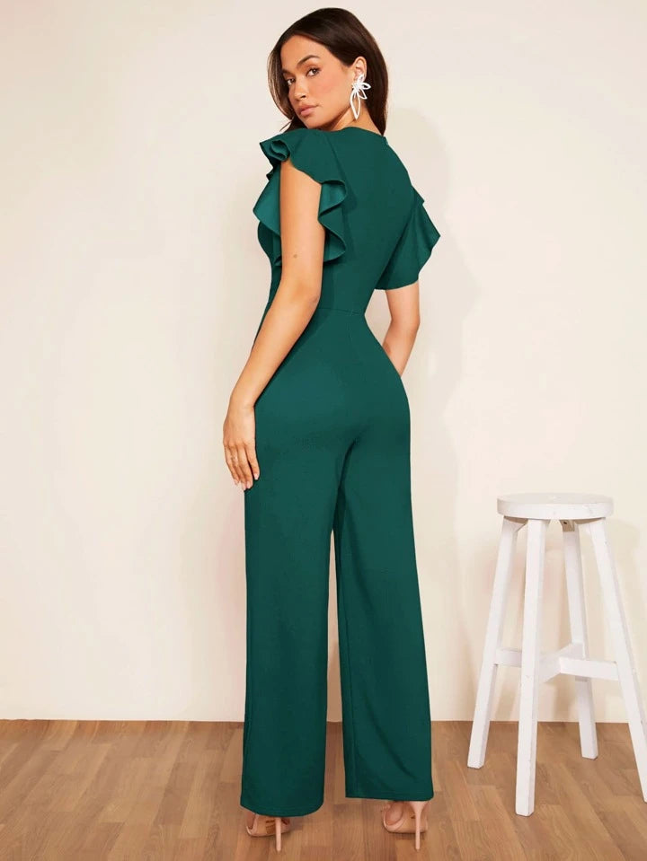 CM-JS131831 Women Elegant Seoul Style Plunging Neck Butterfly Sleeve Jumpsuit - Dark Green
