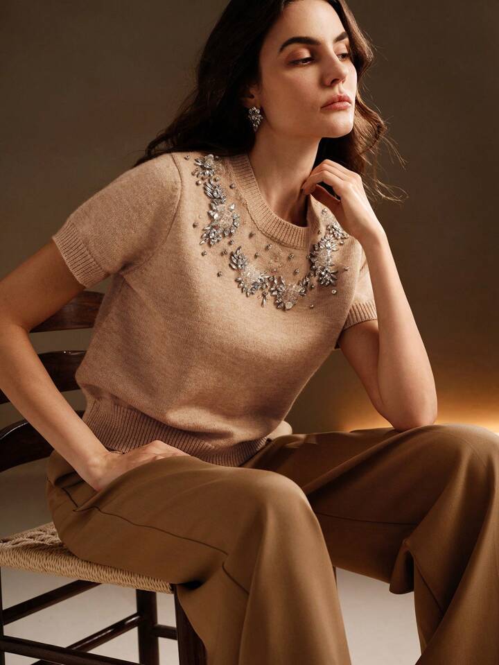 CM-TS091194 Women Casual Seoul Style Round Neck Short Sleeve Embroidered Rhinestone Embellished Knit Top - Khaki