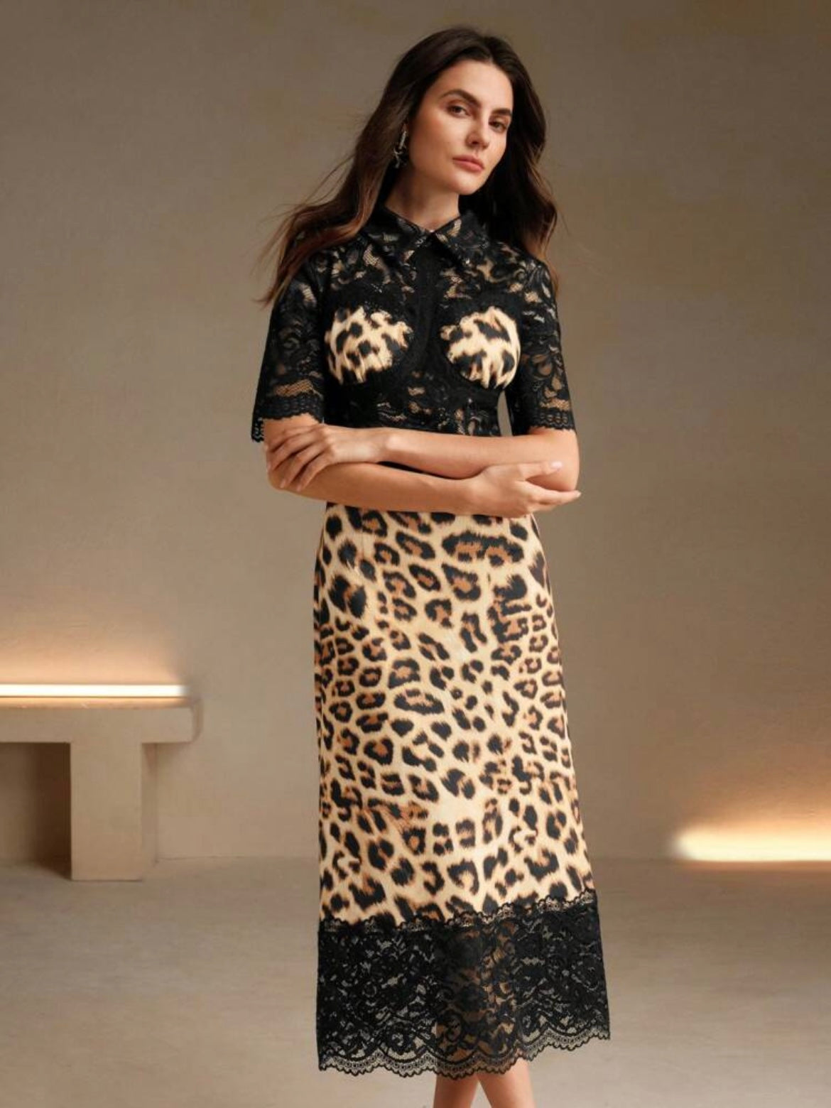 CM-DS811756 Women Elegant Seoul Style Collar Neckline Lace Patchwork Pattern Bodycon Maxi Dress