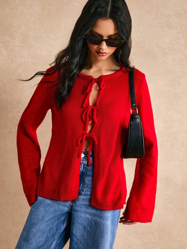 CM-CS933231 Women Casual Seoul Style Solid Color Front Tie Long Sleeve Cardigan - Red