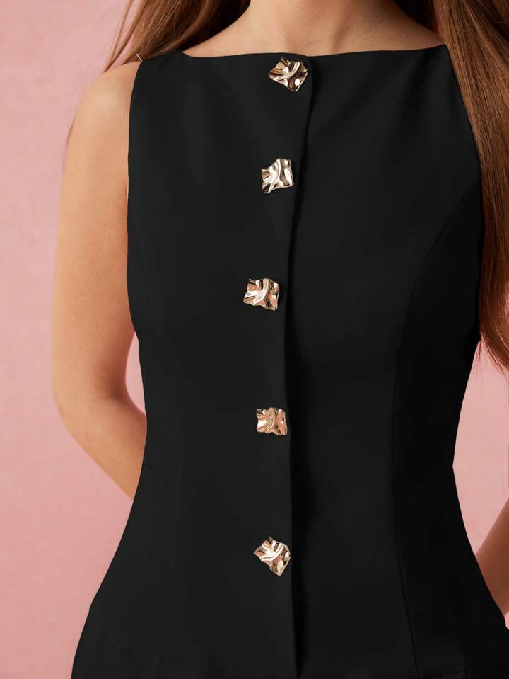 CM-DS158041 Women Elegant Seoul Style Metal Buttons Decor Pleated Hem Sleeveless Mini Dress - Black