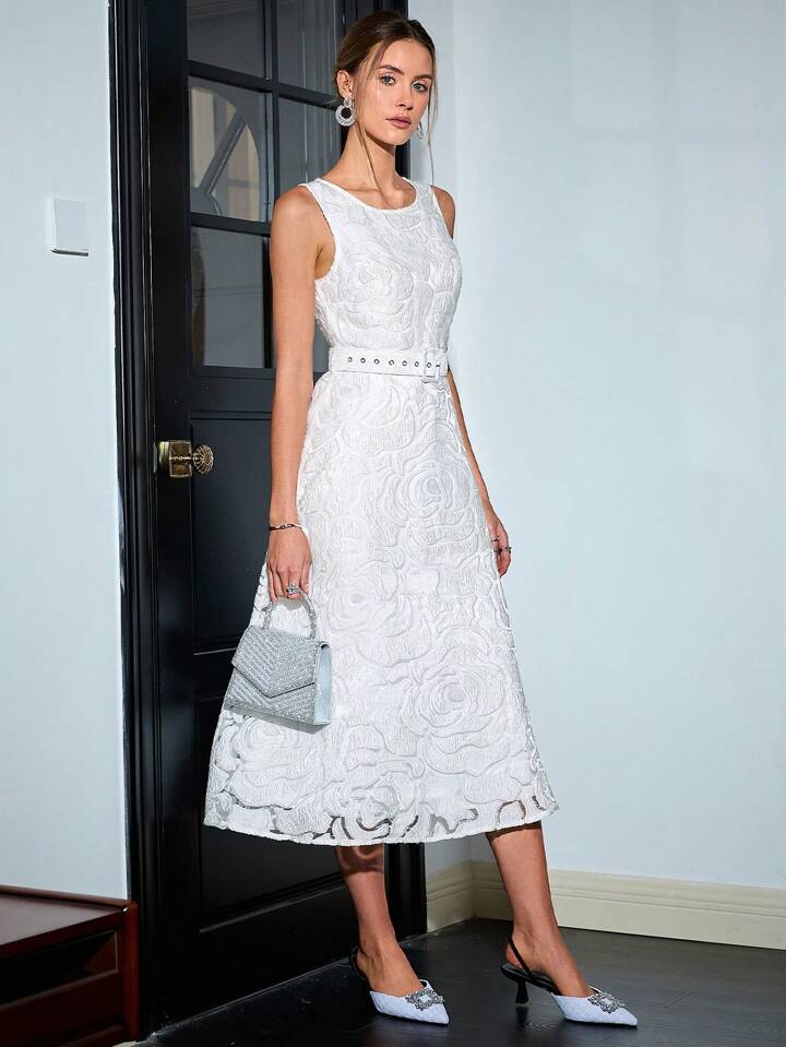 CM-DS241047 Women Elegant Seoul Style Round Neck Floral Embellishments Sleeveless A-Line Dress