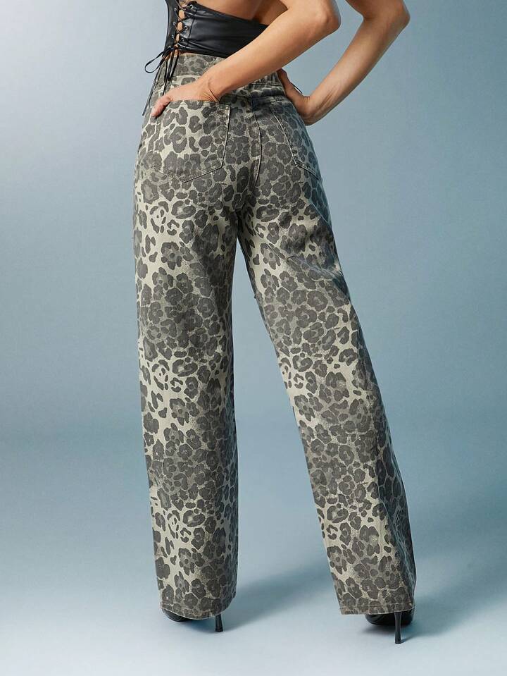 CM-BS433400 Women Casual Seoul Style Rhinestone '90s Wide-Leg Denim Jeans - Gray