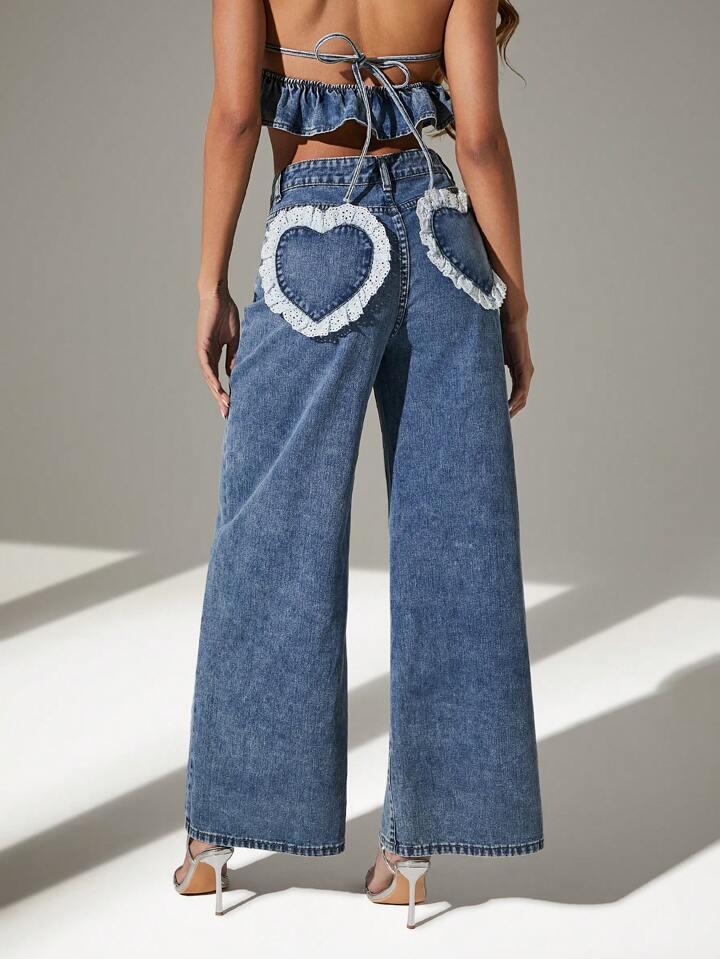 CM-BS454761 Women Casual Seoul Style Washed Heart Shape Ruffle Hem Wide Leg Jeans