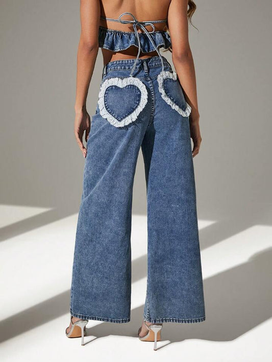 CM-BS454761 Women Casual Seoul Style Washed Heart Shape Ruffle Hem Wide Leg Jeans