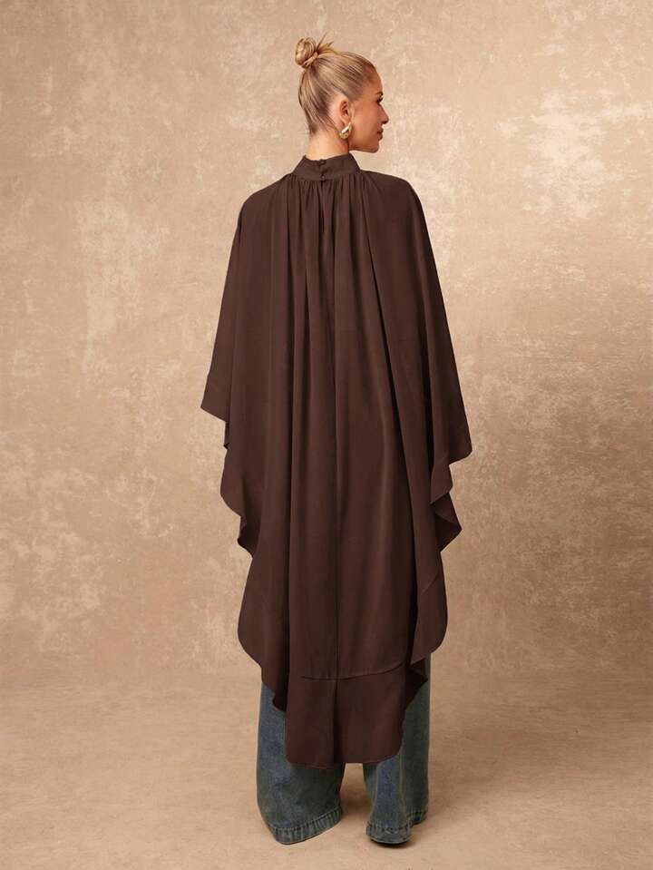 CM-TS104645 Women Casual Seoul Style Asymmetric Ruffle Hem Loose Collar Shawl Blouse - Brown