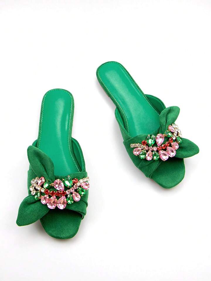CM-SHS190567 Women Trendy Seoul Style Rhinestone And Bow Decor Slide Sandals - Green