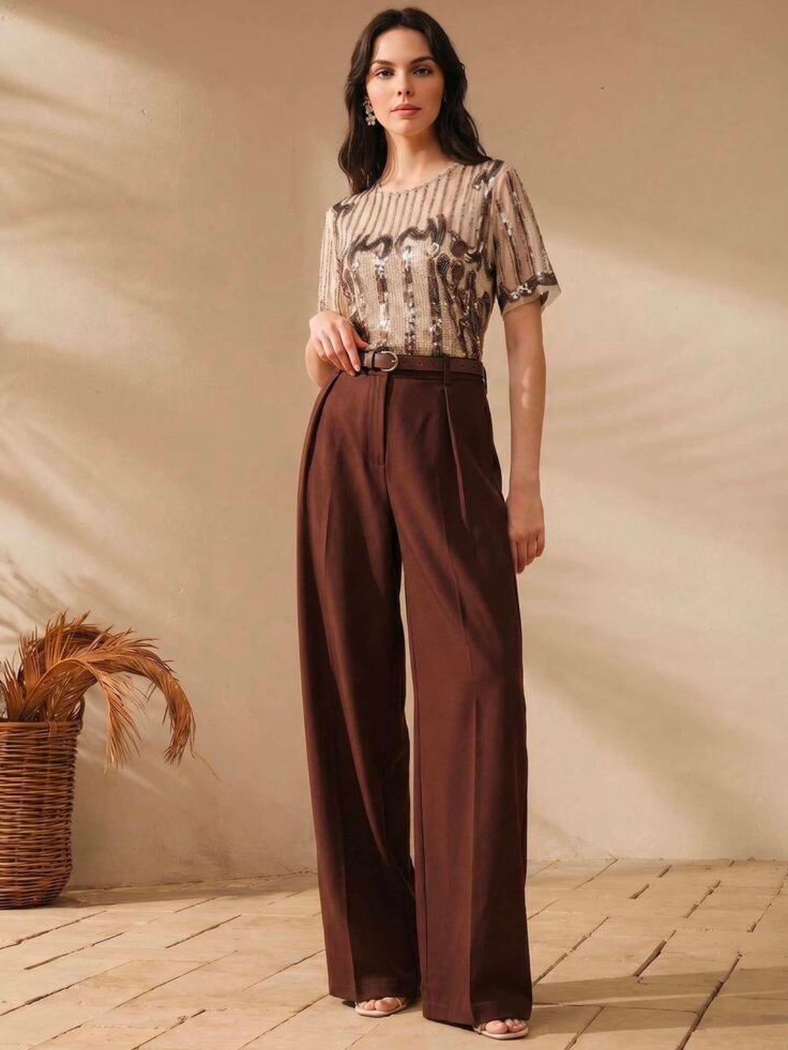 CM-TS017299 Women Elegant Seoul Style Round Neck Short Sleeve Contrast Sequin Patchwork Top - Apricot