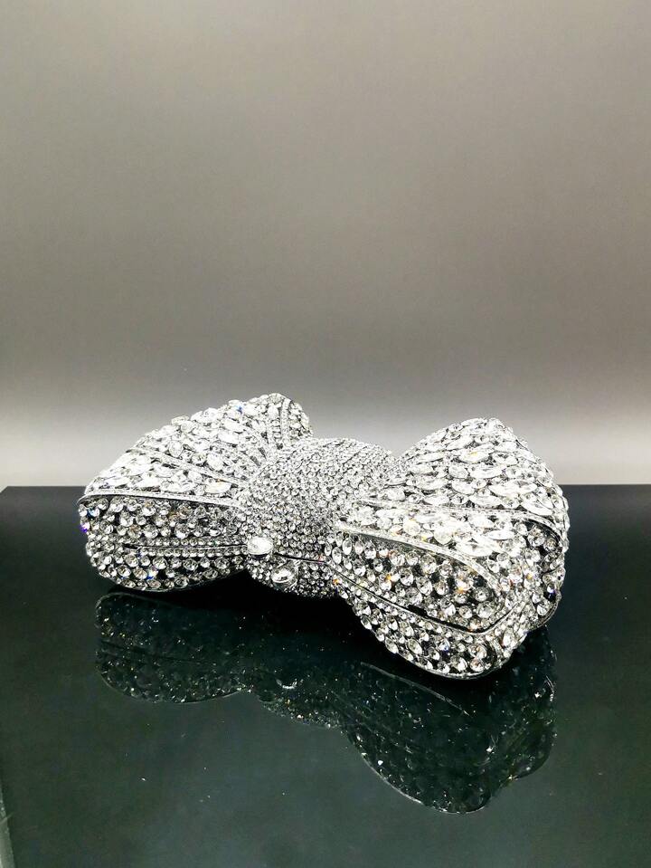 CM-BGS200126 Women Trendy Seoul Style Handmade Rhinestone Embellished Bow Clutch Purse - Silver