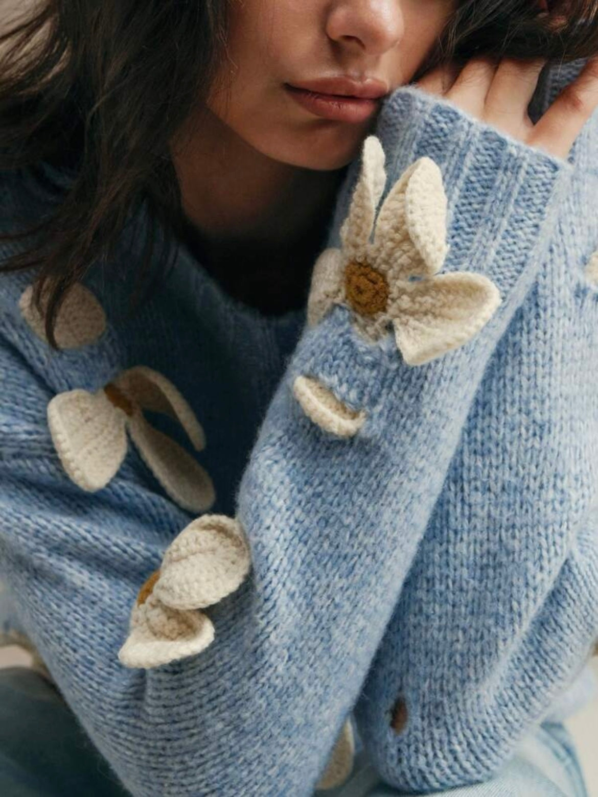CM-CS411147 Women Casual Seoul Style Round Neck Crochet 3D Floral Long Sleeve Knitted Sweater