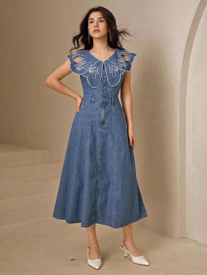 CM-DS084902 Women Elegant Seoul Style Light Wash Hollow Out V-Neck Collar Flounce Sleeve Denim Dress