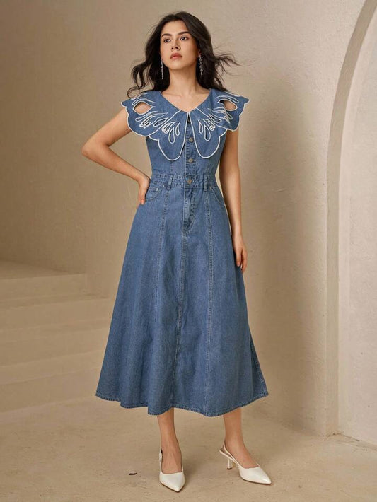 CM-DS084902 Women Elegant Seoul Style Light Wash Hollow Out V-Neck Collar Flounce Sleeve Denim Dress