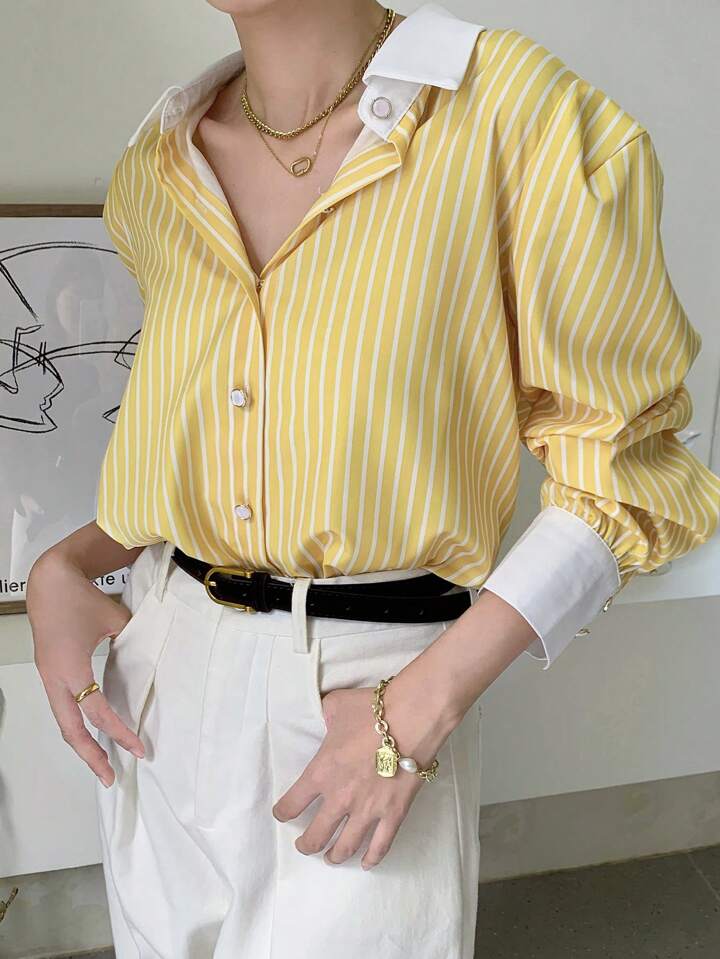 CM-TS674034 Women Casual Seoul Style Striped Button-Up Shirt Collar Long Sleeve Blouse - Yellow