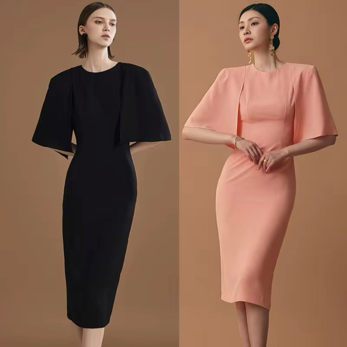 CM-DY014587 Women Elegant European Style Round Nexk Lotus Sleeve Midi Dress (Available in 2 colors)