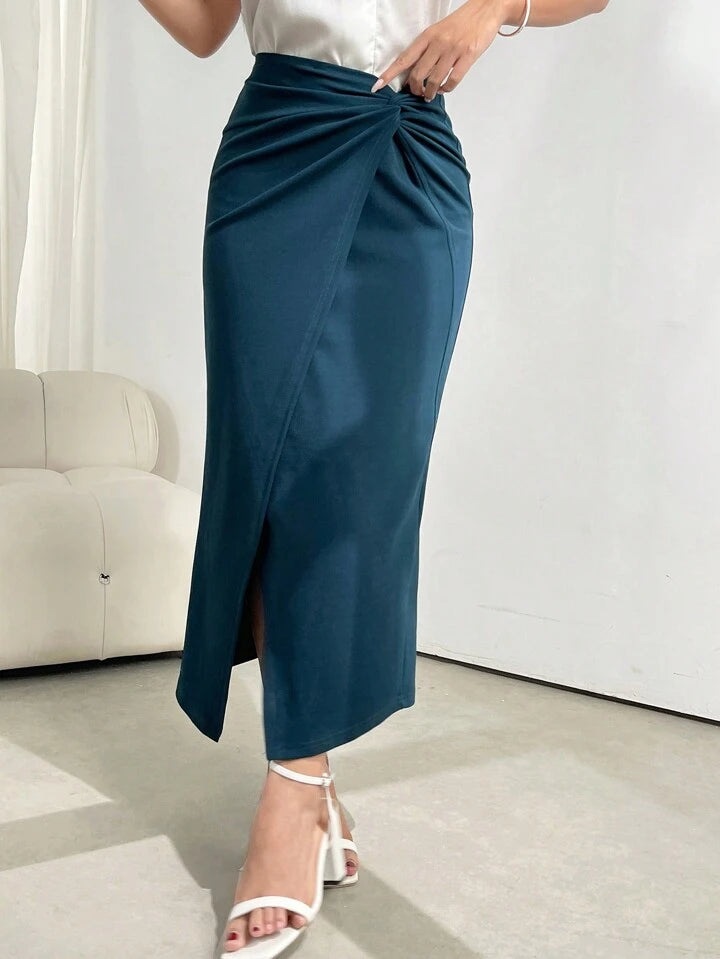 CM-BS859211 Women Casual Seoul Style Twist Front Wrap Hem Solid Maxi Skirt