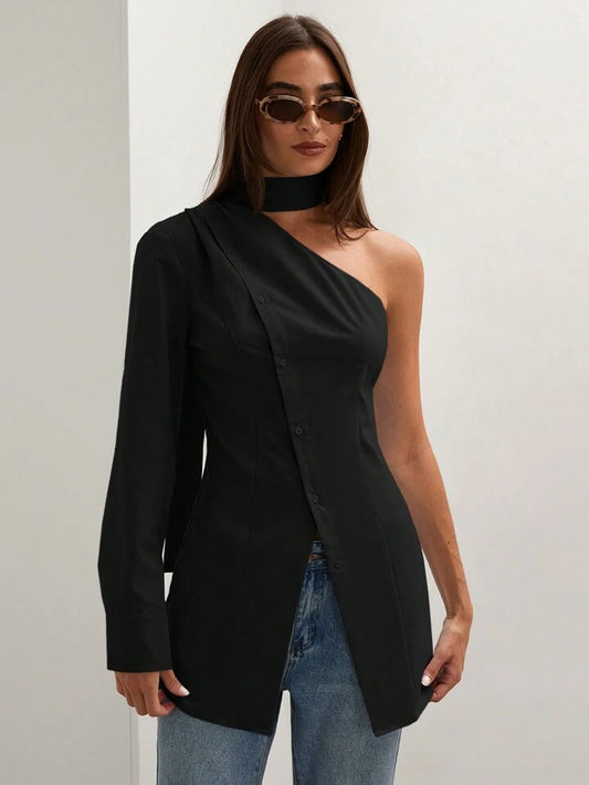 CM-TS888214 Women Casual Seoul Style Asymmetric Collar One Shoulder Long Sleeve Blouse - Black