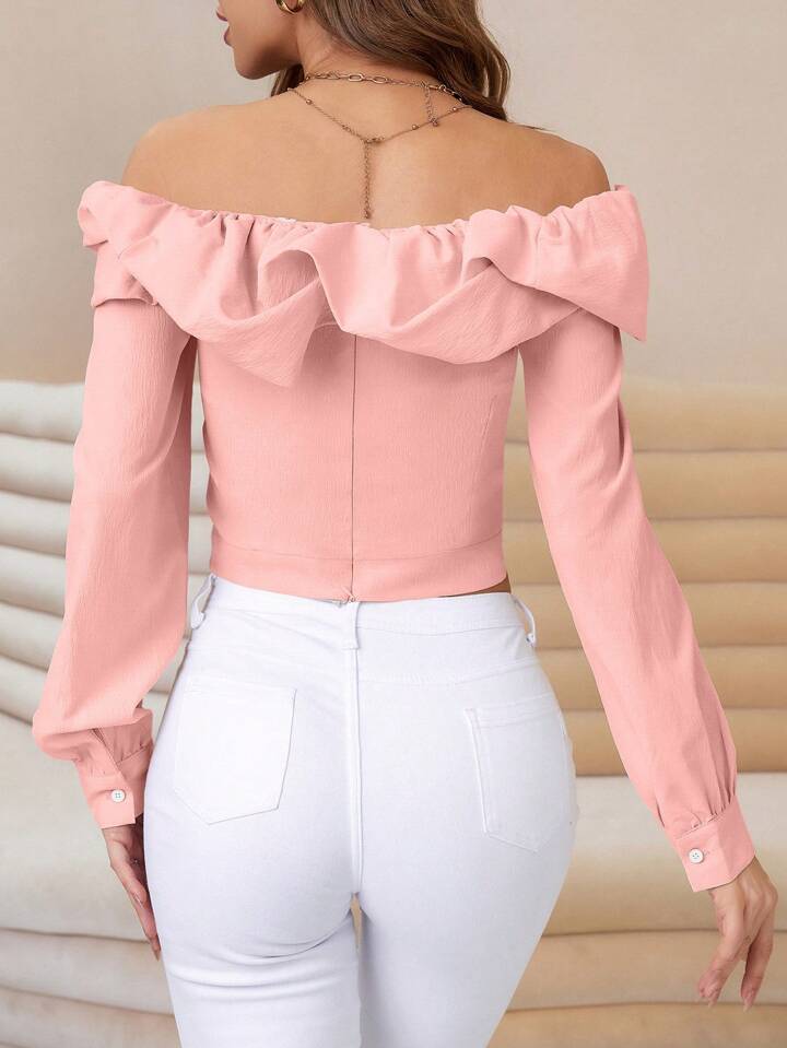 CM-TS633977 Women Elegant Seoul Style Off the Shoulder Long-Sleeved Shirt - Pink