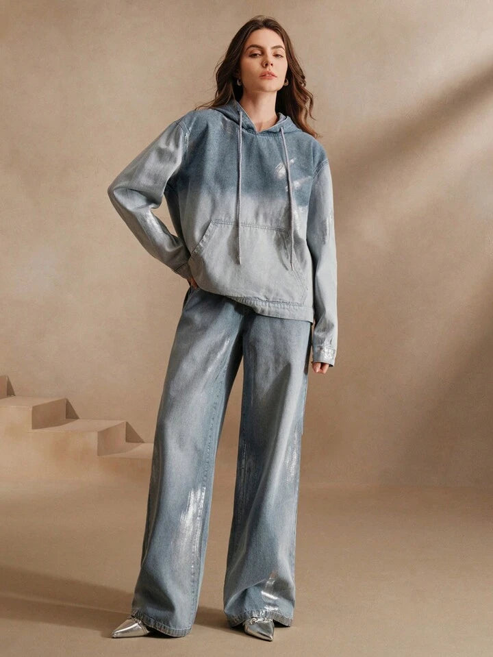 CM-BS188103 Women Casual Seoul Style Drawstring Waist Loose Fit Wide Leg Jeans - Blue