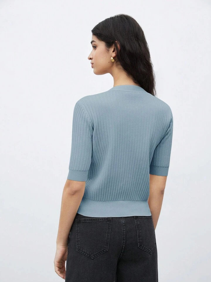 CM-TS565668 Women Casual Seoul Style V-Neck Short Sleeve Button Front Knit Blouse - Blue