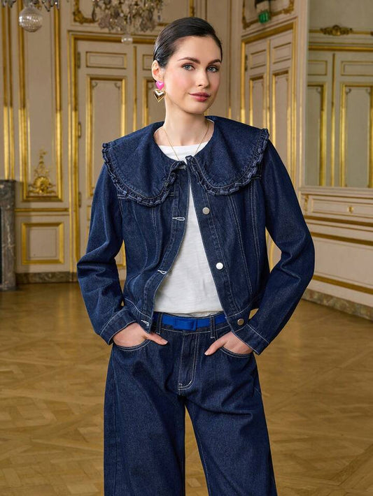 CM-CS053813 Women Casual Seoul Style Lapel Frill Trim Long Sleeve Loose Denim Jacket - Blue