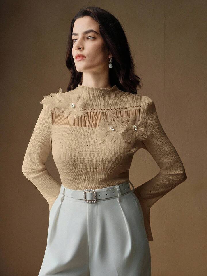 CM-TS240724 Women Elegant Seoul Style Floral Appliques Stand Collar Extra Long Flared Sleeve Blouse - Khaki