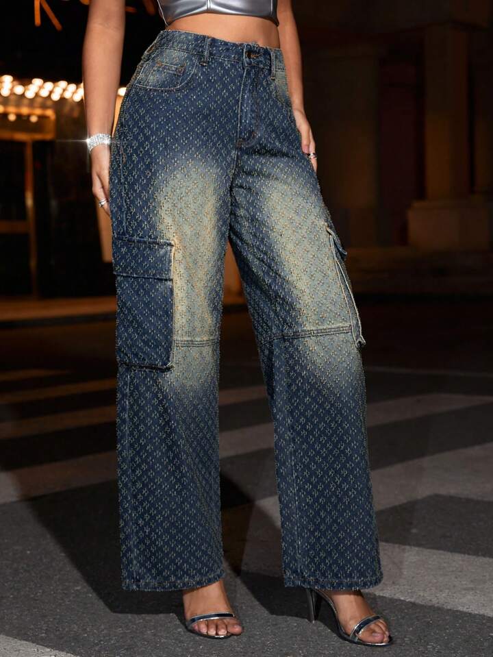 CM-BS251205 Women Casual Seoul Style All-Over Printed Washed Straight-Leg Jeans - Blue