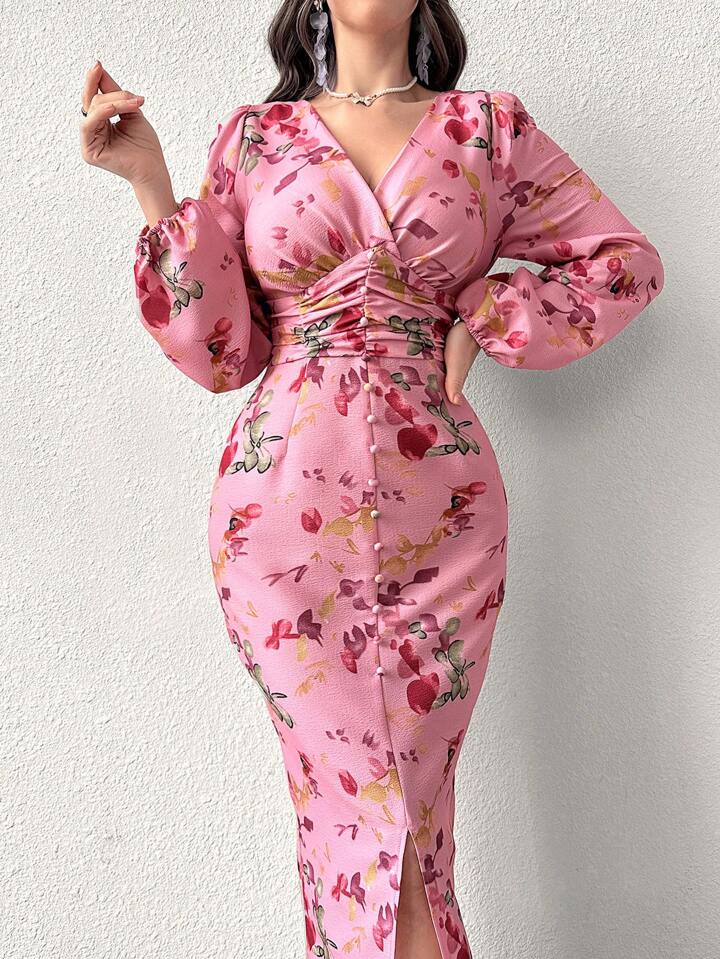CM-DS851550 Women Casual Seoul Style V-Neck Button Down Long Sleeve Cinched Waist Dress - Pink