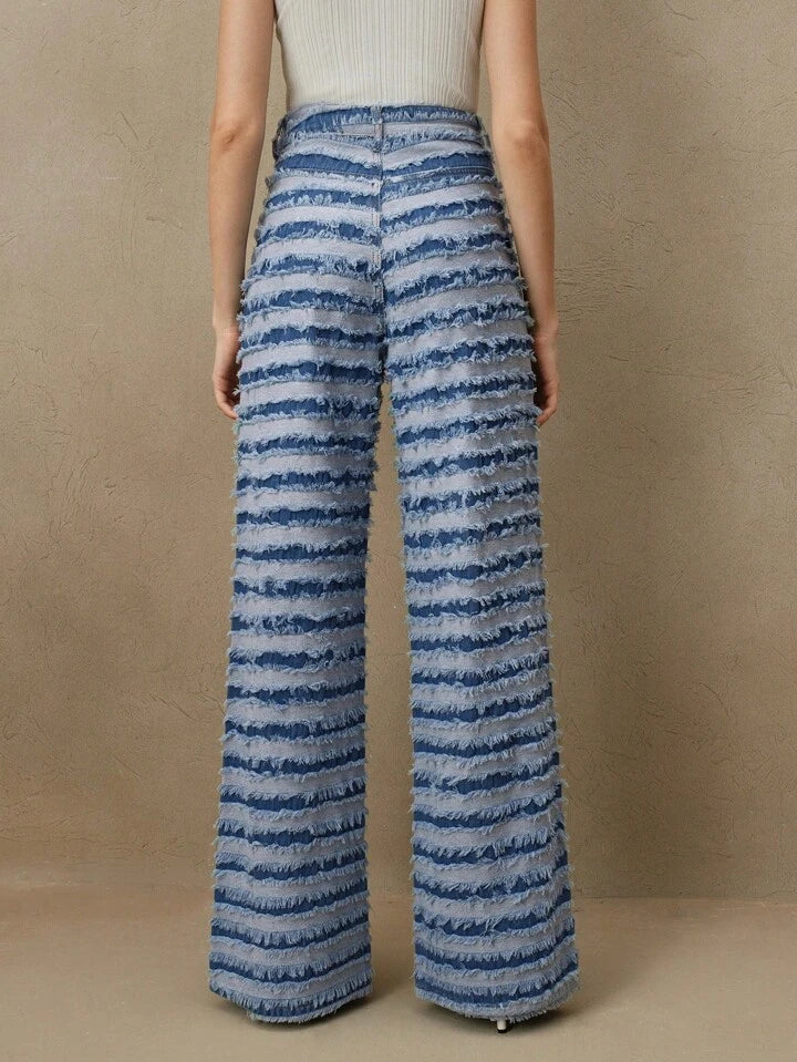 CM-BS619897 Women Casual Seoul Style Striped Textured Frayed Hem Contrast Color Flare Pants - Blue