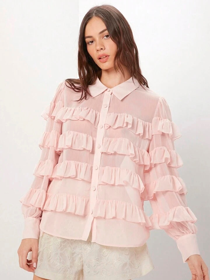CM-TS615334 Women Casual Seoul Style Multi-Layered Ruffle Hem Blouse - Baby Pink