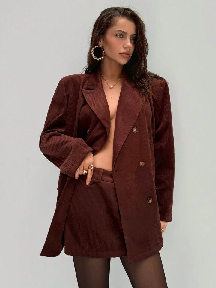 CM-SS170016 Women Elegant Seoul Style Lapel Neckline Corduroy Long Sleeve Oversize Blazer With Skirt - Set