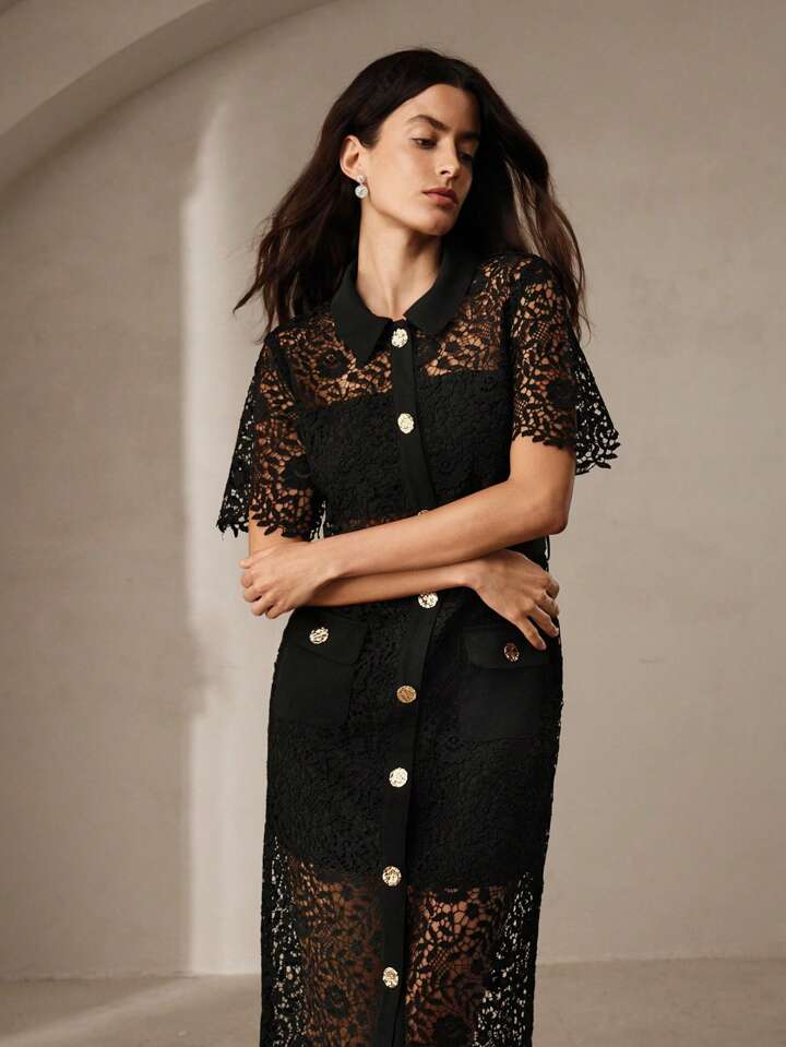 CM-DS140849 Women Elegant Seoul Style Lace Hollow Out Detail Short Sleeve Shirt Dress - Black