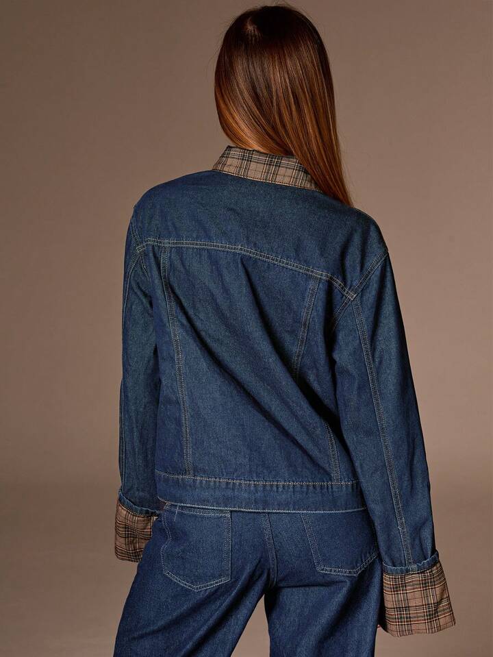 CM-CS199554 Women Elegant Seoul Style Dark Wash Collar Neckline Single Breatsed Long Sleeve Denim Jacket